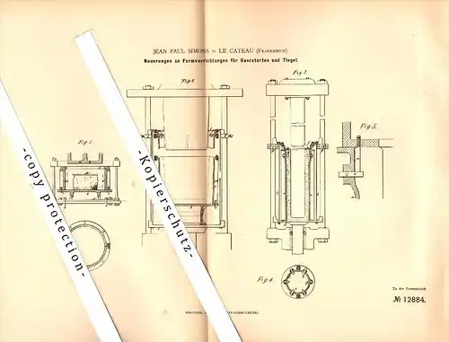 Original Patent - J.P. Simons à Le Cateau , 1880 , Appareil de moulage pour la poterie , céramique , Le Cateau-Cambrésis