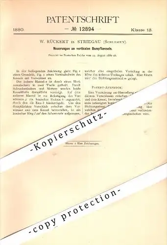 Original Patent - W. Rückert in Striegau / Strzegom , Schlesien , 1880 , Dampfkessel !!!