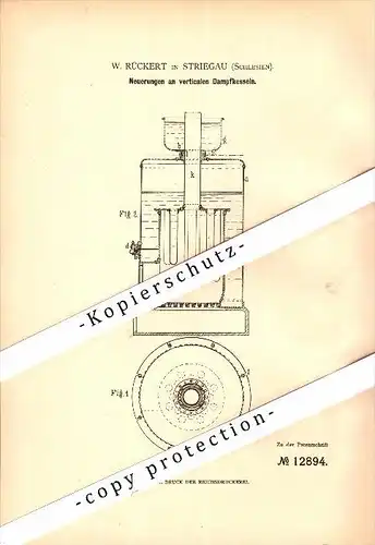 Original Patent - W. Rückert in Striegau / Strzegom , Schlesien , 1880 , Dampfkessel !!!