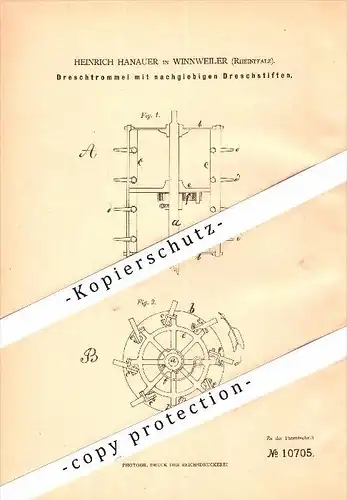 Original Patent - Heinrich Hanauer in Winnweiler , Rheinpfalz , 1880 , Dreschtrommel , Landwirtschaft , Agrar !!!
