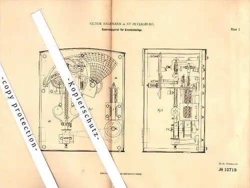 Original Patent - Victor Salemann in St. Petersburg , 1880 , Controlapparat für Eisenbahn , Russland !!!