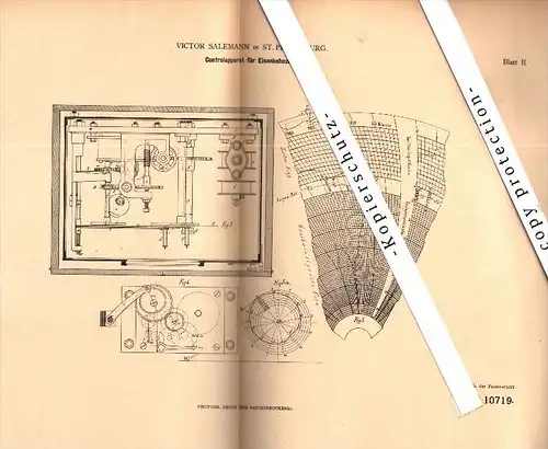 Original Patent - Victor Salemann in St. Petersburg , 1880 , Controlapparat für Eisenbahn , Russland !!!