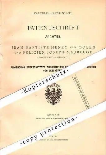 Original Patent - Jean H. van Oolen und F. Maubeuge in Brasschaat b. Antwerpen , 1880, Richten von Geschützen , Kanone