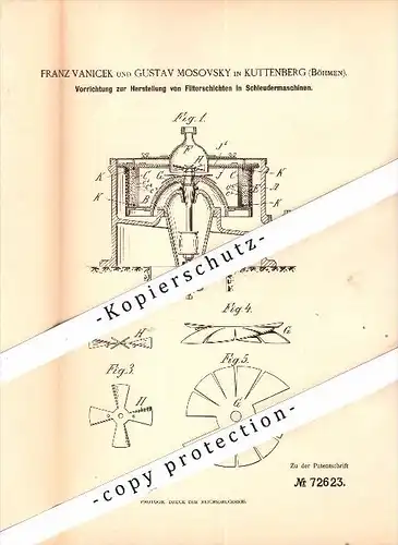 Original Patentschrift - F. Vanicek und G. Mosovsky in Kuttenberg / Kutná Hora , 1893 , Schleudermaschine !!!