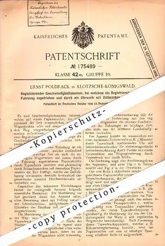 Original Patent - Ernst Poldrack in Klotzsche-Königswald / Dresden , 1904 , Geschwindigkeitsmesser  !!!