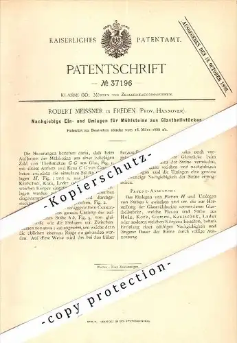 Original Patent - Robert Meissner in Freden b. Hildesheim , 1886 , Mühlsteine mit Glas , Mühle , Hannover !!!