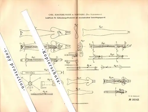Original Patent - Carl Schondelmaier in Hornberg , 1881, Lockfisch für Schwebeangel-Fischerei , Angeln , Bad Schwarzwald