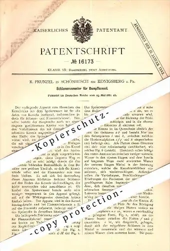 Original Patent - R. Prunzel in Schönbusch b. Königsberg i. Preussen , 1881 , Schlammsammler !!!