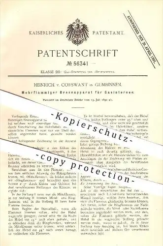original Patent - Heinrich v. Corswant in Gumbinnen / Gussew , 1890 , Brenner für Gaslaternen , Gas , Russland !!!