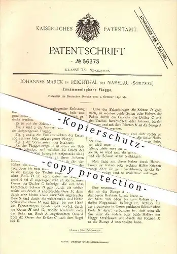 original Patent - Johannes Marck in Reichenthal bei Namslau , Schlesien , 1890, Zusammenlegbare Flagge , Namyslów !!