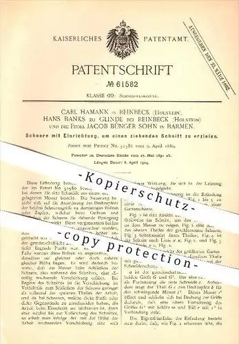original Patent - Carl Hamann , Hans Banks zu Glinde , Reinbek , Jacob Bünger Sohn in Barmen , 1891 , Schere , Werkzeug