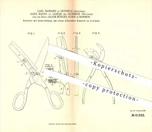 original Patent - Carl Hamann , Hans Banks zu Glinde , Reinbek , Jacob Bünger Sohn in Barmen , 1891 , Schere , Werkzeug