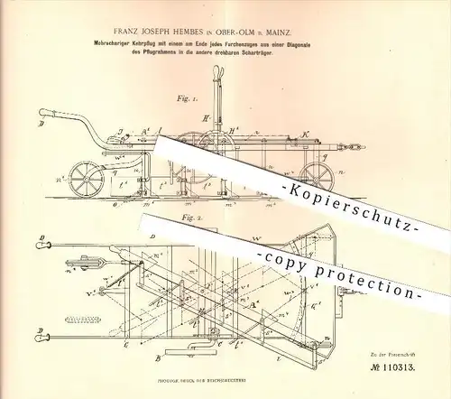 original Patent - Franz Josef Hembes in Ober-Olm bei Mainz , 1899 , Kehrpflug , Pflug , Landwirtschaft , Nieder-Olm !!!