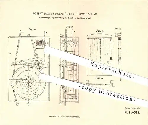 original Patent - Robert Moritz Holzmüller in Crimmitschau , 1898 , Zugvorrichtung für Gardinen , Vorhänge , Fenster !!!