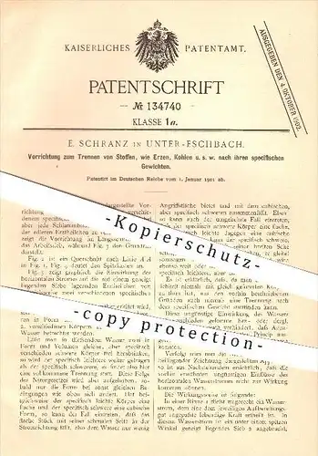 original Patent - E. Schranz in Unter-Eschbach b. Overath , 1901 , Trennen von Erz oder Kohle nach Gewicht , Erze !!!