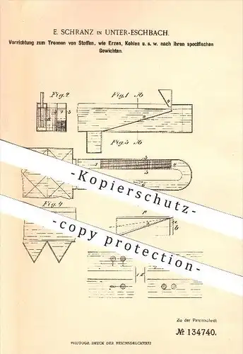 original Patent - E. Schranz in Unter-Eschbach b. Overath , 1901 , Trennen von Erz oder Kohle nach Gewicht , Erze !!!