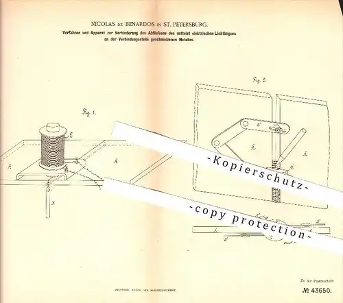 original Patent - Nicolas de Benardos in St. Petersburg , 1887 , Metallbearbeitung , Lichtbogen , Russland !!!