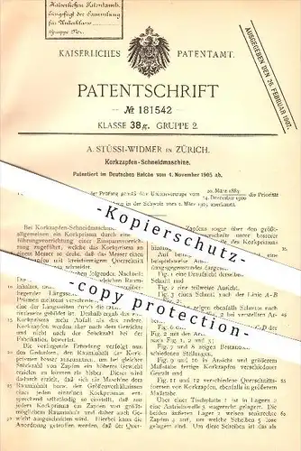 original Patent - A. Stüssi-Widmer in Zürich , 1905 , Korkzapfen - Schneidmaschine , Kork , Korken , Schneidemaschine !!