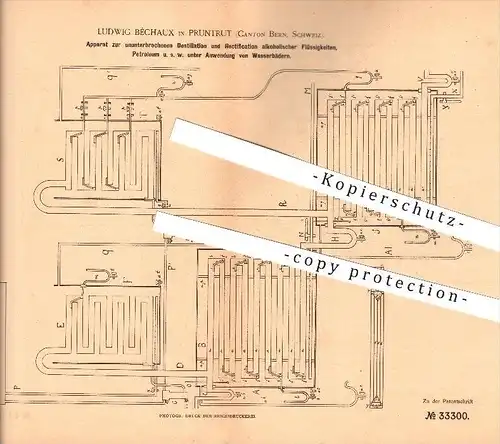 original Patent - Ludwig Béchaux in Pruntrut  , 1884 , Destillation alkoholischer Flüssigkeiten , Destille