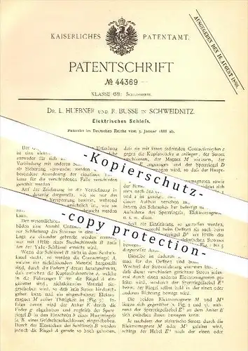original Patent - Dr. L. Huebner und R. Busse in Schweidnitz , 1888 , Elektrisches Schloss , Schlosser , Schlosserei !!