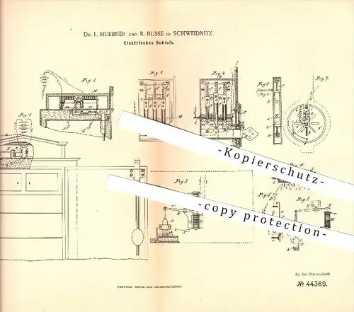 original Patent - Dr. L. Huebner und R. Busse in Schweidnitz , 1888 , Elektrisches Schloss , Schlosser , Schlosserei !!