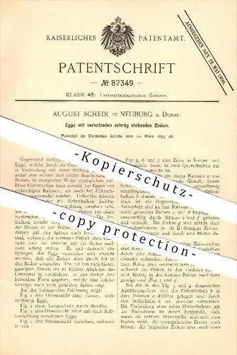 original Patent - August Schedl in Neuburg a. Donau , 1895 , Egge mit schräg stehenden Zinken , Eggen , Landwirtschaft