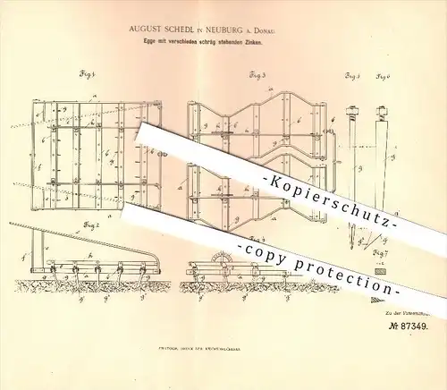 original Patent - August Schedl in Neuburg a. Donau , 1895 , Egge mit schräg stehenden Zinken , Eggen , Landwirtschaft