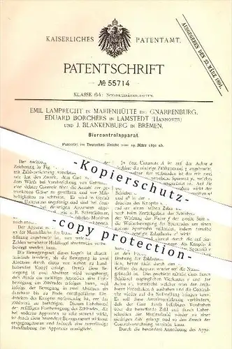 original Patent - E. Lamprecht in Marienhütte , E. Borchers , Lamstedt , J. Blankenburg , Bremen ,1890, Bier - Kontrolle