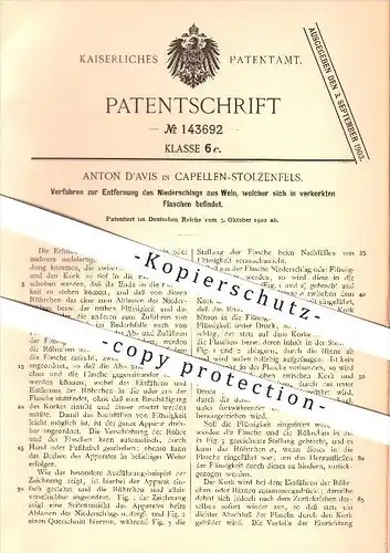 original Patent - Anton D'avis in Capellen-Stolzenfels ,1902, Entfernung von Niederschlag aus Wein , Koblenz !!!