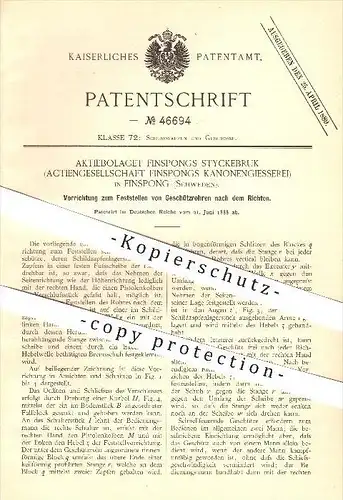 original Patent - Aktiebolaget Finspongs Styckebruk in Finspong , Schweden ,1888, Feststellen von Geschützen , Finspang