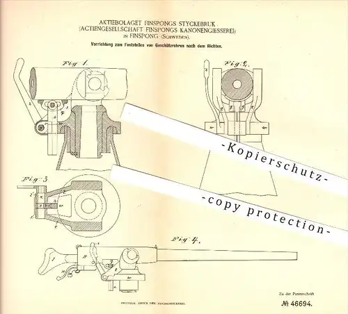 original Patent - Aktiebolaget Finspongs Styckebruk in Finspong , Schweden ,1888, Feststellen von Geschützen , Finspang