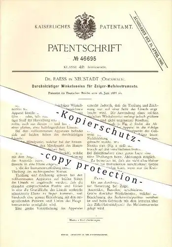 original Patent - Dr. Raess in Neustadt , Odenwald , 1888 , Durchsichtiger Winkelnonius für Zeiger-Messinstrumente !!!