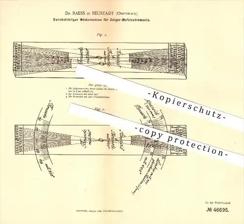 original Patent - Dr. Raess in Neustadt , Odenwald , 1888 , Durchsichtiger Winkelnonius für Zeiger-Messinstrumente !!!