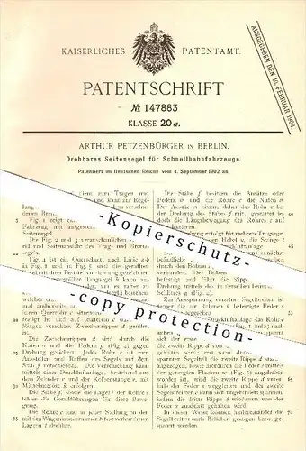 original Patent - Arthur Petzenbürger in Berlin , 1902 , Seitensegel für Schnellbahnfahrzeuge , Eisenbahn , Fahrzeugbau