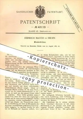 original Patent - Heinrich Macco in Siegen , 1887 , Winderhitzer , Eisen , Eisenerzeugung , Wind , Schmied , Schmieden !