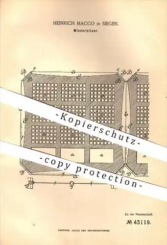 original Patent - Heinrich Macco in Siegen , 1887 , Winderhitzer , Eisen , Eisenerzeugung , Wind , Schmied , Schmieden !