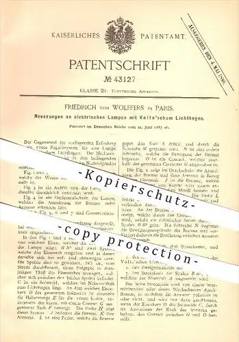 original Patent - Friedrich von Wolffers in Paris , 1887 , elektrische Lampe mit Volta'schem Lichtbogen , Beleuchtung !!