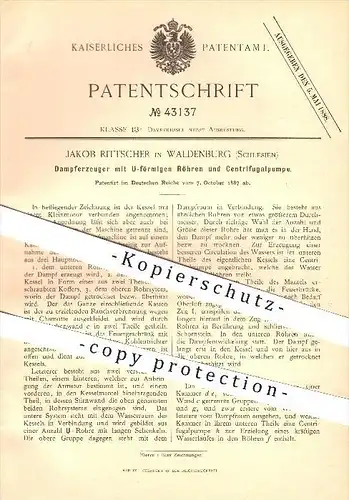 original Patent - Jakob Rittscher in Waldenburg , Schlesien , 1887 , Dampferzeuger , Dampfkessel , Dampfmaschine , Motor