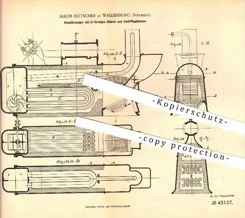 original Patent - Jakob Rittscher in Waldenburg , Schlesien , 1887 , Dampferzeuger , Dampfkessel , Dampfmaschine , Motor