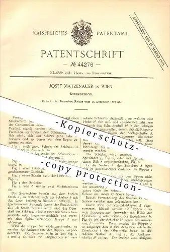 original Patent - Josef Matzenauer in Wien , 1887 , Stockschirm , Schirm , Regenschirm , Sonnenschirm !!!