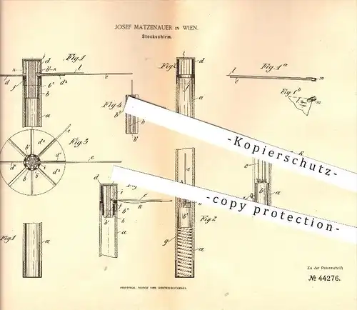 original Patent - Josef Matzenauer in Wien , 1887 , Stockschirm , Schirm , Regenschirm , Sonnenschirm !!!