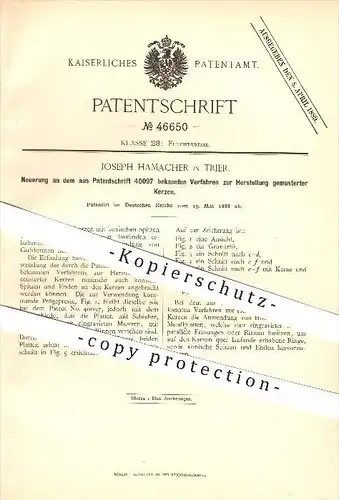 original Patent - Joseph Hamacher in Trier , 1888 , Herstellung gemusteter Kerzen , Kerze , Kerzengiessen , Kerzenwachs