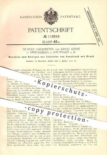 original Patent - G. Thormeyer u. E. Hesse in Spiegelberg b. Neustadt a. D. , 1900 , Maschine zum Reinigen von Getreide