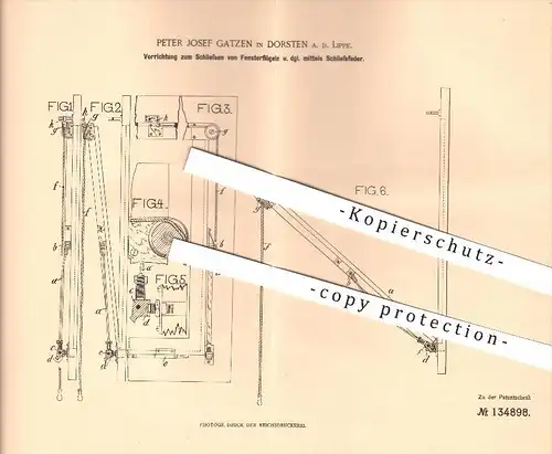 original Patent - Peter Josef Gatzen in Dorsten a. d. Lippe , 1901, Schließen von Fensterflügeln , Fenster , Fensterbau