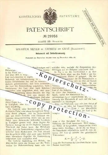 original Patent - W. Meyer in Andritz bei Graz , Steiermark ,1883, Hebewerk mit Selbstbremsung , Hebezeuge , Flaschenzug