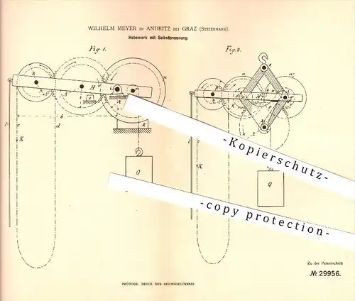 original Patent - W. Meyer in Andritz bei Graz , Steiermark ,1883, Hebewerk mit Selbstbremsung , Hebezeuge , Flaschenzug