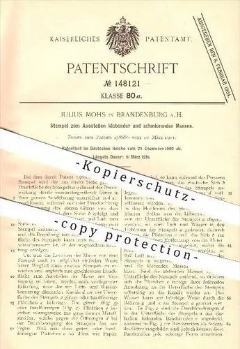 original Patent - Julius Mohs in Brandenburg a. H. , 1902 , Stempel zum Ausstoßen klebender Massen , Druckerei , Druck !