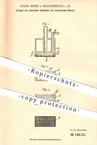 original Patent - Julius Mohs in Brandenburg a. H. , 1902 , Stempel zum Ausstoßen klebender Massen , Druckerei , Druck !