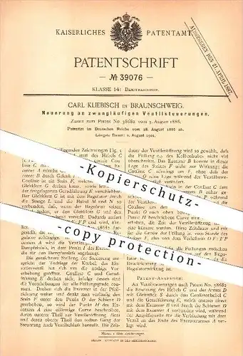 original Patent - Carl Kliebisch in Braunschweig , 1886 , Ventilsteuerung , Ventil , Steuerung , Dampfmaschinen !!!