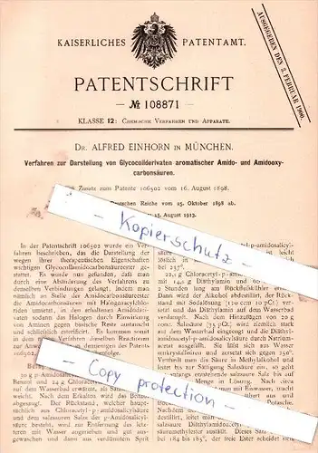 Original Patent - Dr. Alfred Einhorn in München , 1898 , Darstellung von Glycocollderivaten !!!